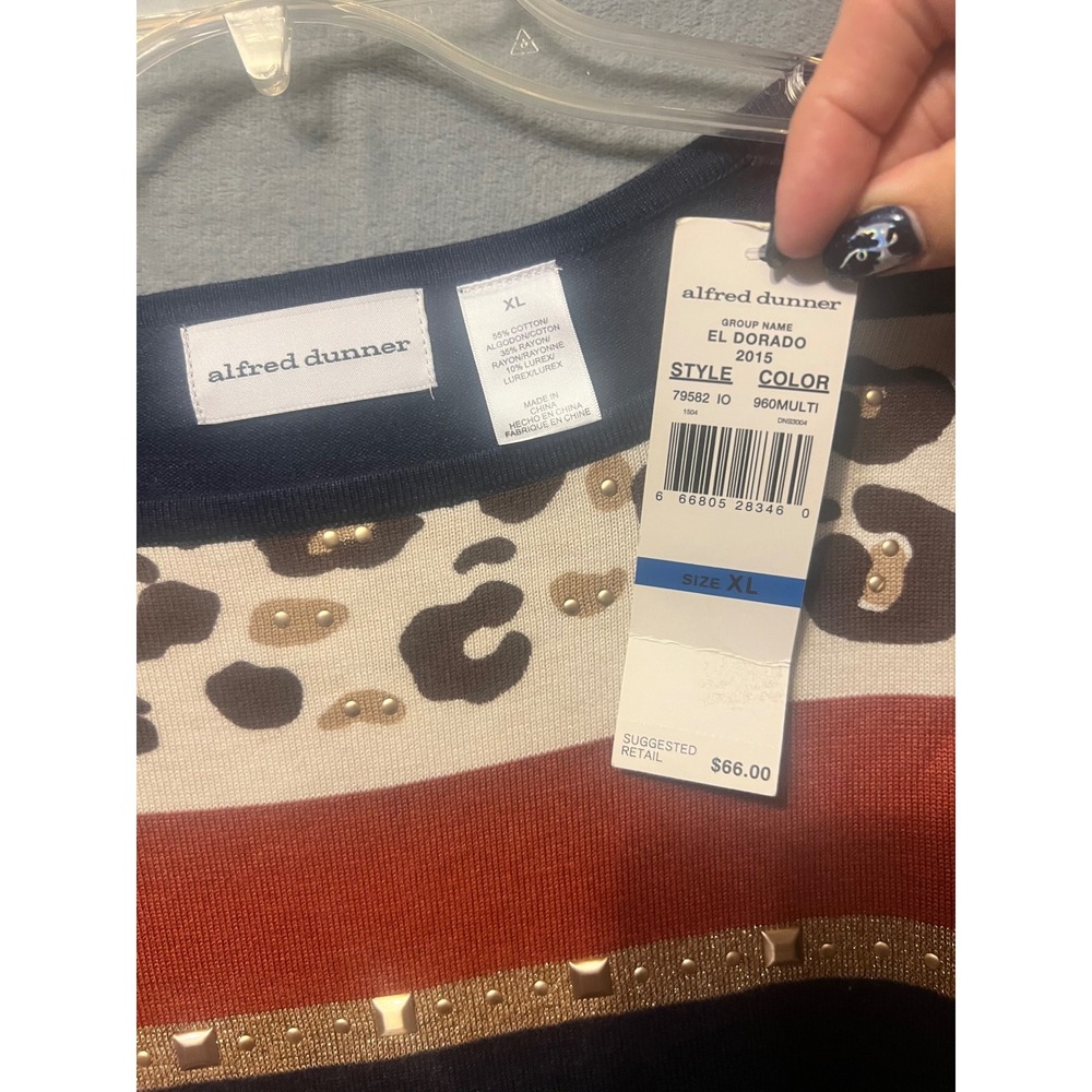 Alfred Dunner XL Leopard Stripe Embellished Knit Sweater Top 3/4 Sleeve NWT - Picture 3 of 7